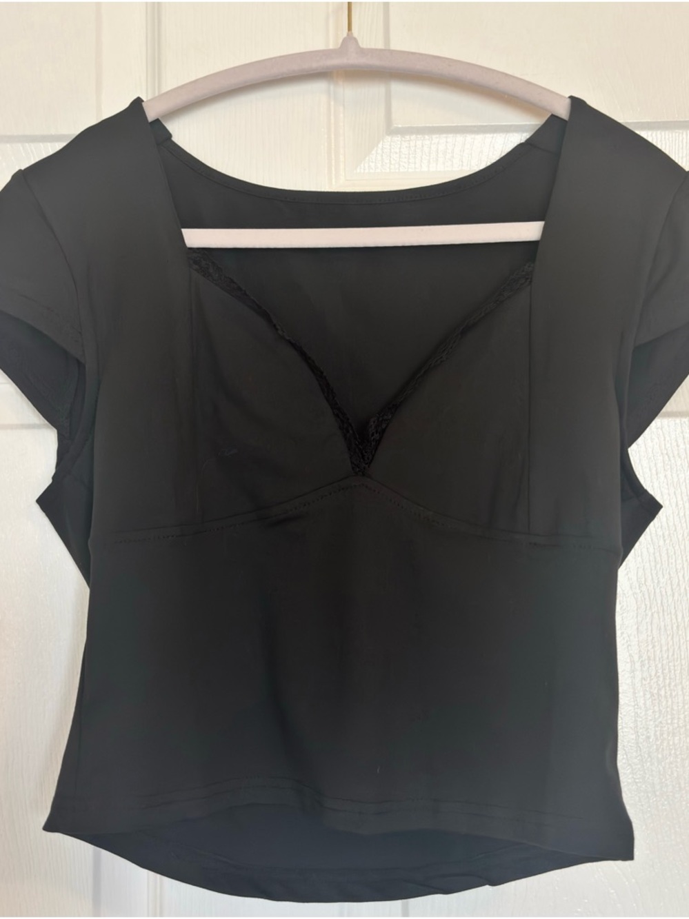 Black Fitted Crop Top Deep V Neck Short Sleeve Stretchy Going Out Top